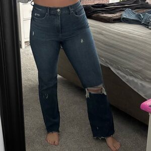 Express Dark Blue High-Rise Bootcut Jeans with Knee Rip